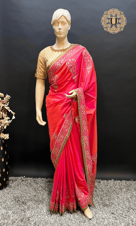 Pink zari Embroidered Silk Saree U fashion