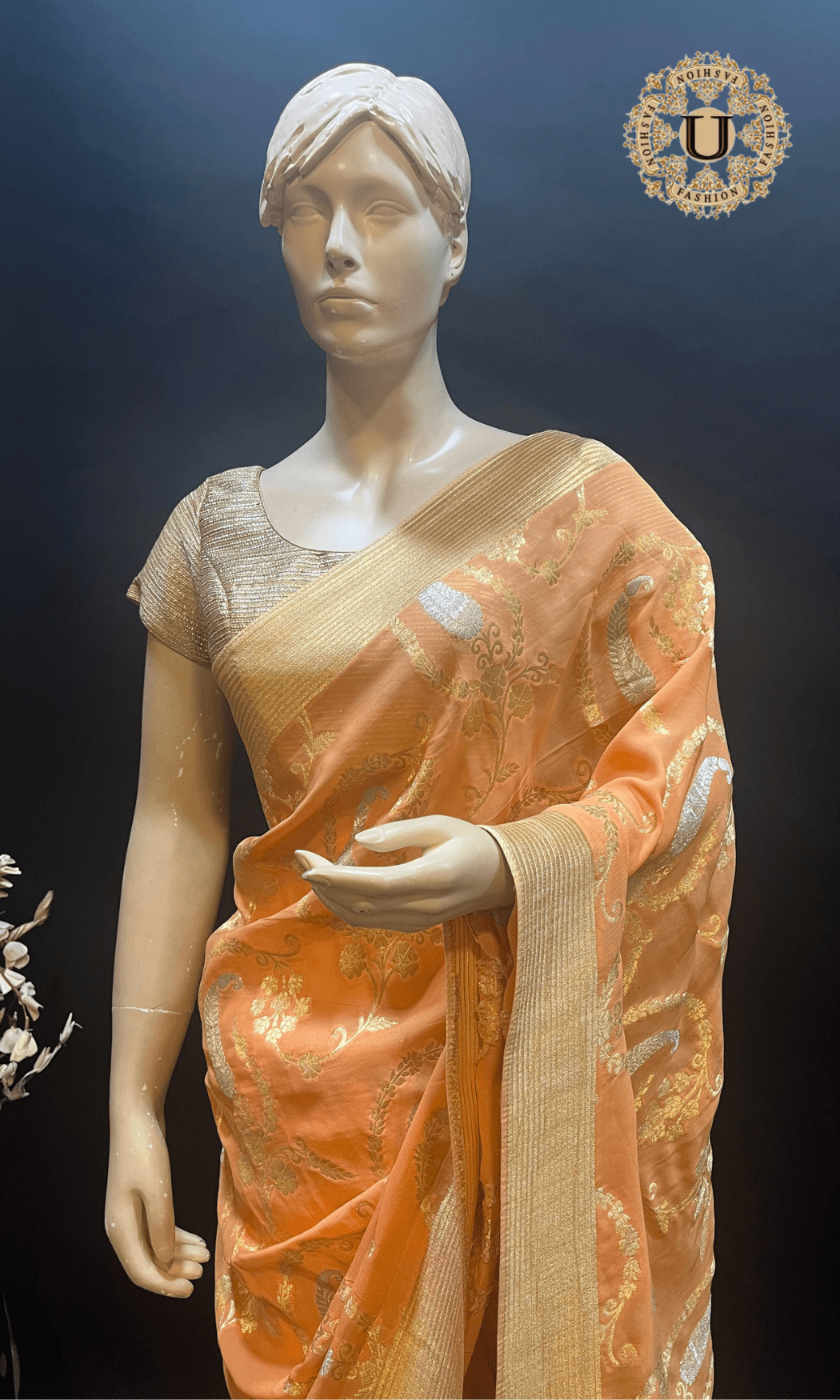 Light Orange Banarasi Georgette Saree with Gold & Silver Zari U fashion
