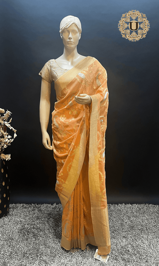 Light Orange Banarasi Georgette Saree with Gold & Silver Zari U fashion