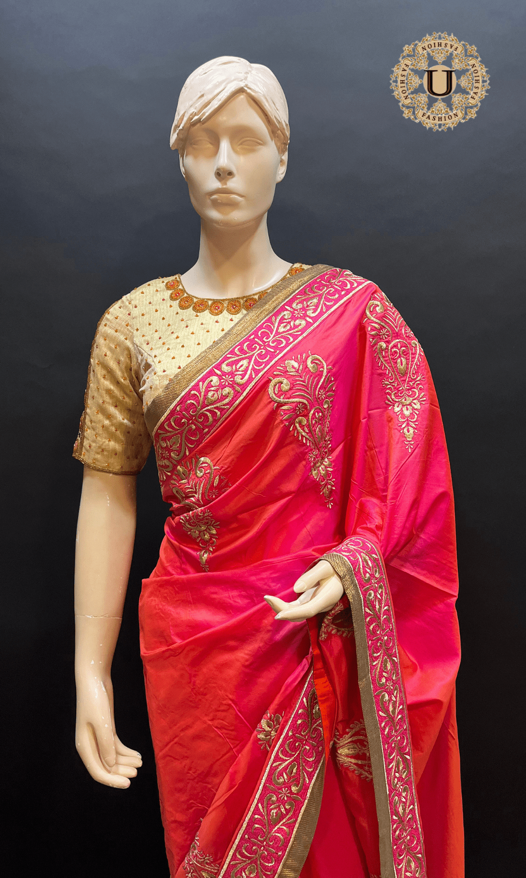 Pink zari Embroidered Silk Saree U fashion