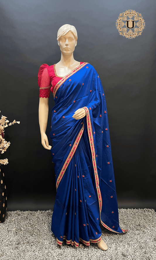 Royal Blue Silk Embroidered Silk Saree U fashion