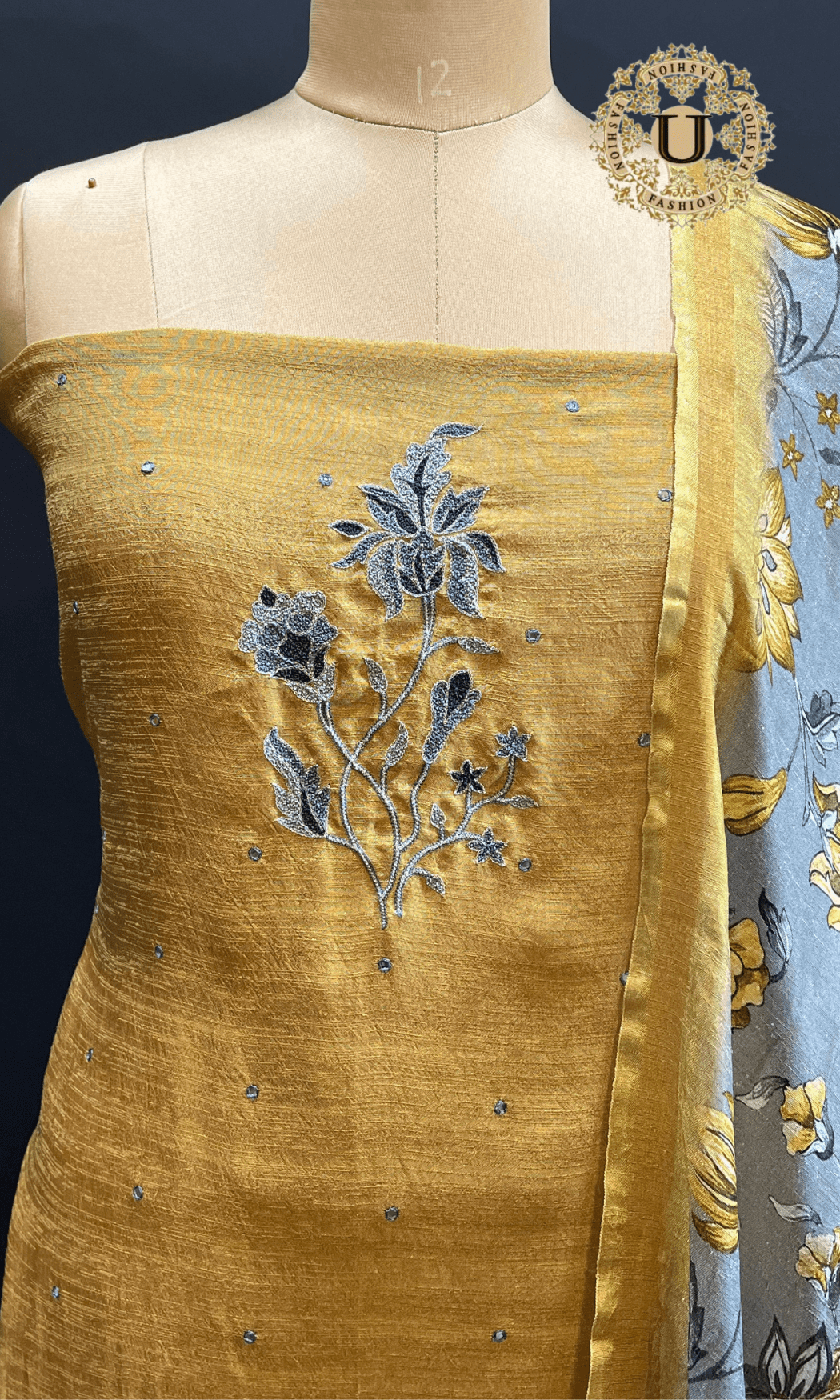 Mustard Yellow Soft Matka Silk Thread Work Yoke With Printed Dupatta U fashion