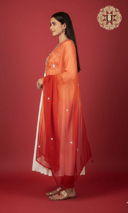 White Georgette Suit Set with Hand-Embroidered Florals & Birds S U fashion