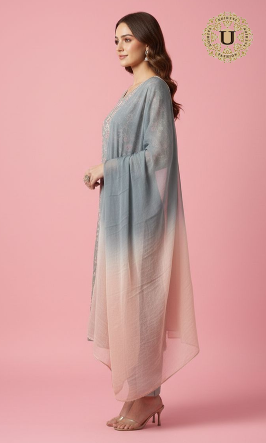 Grey and Pink Emroidered Suit