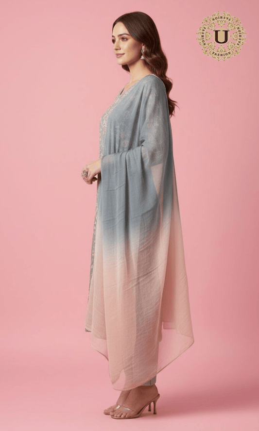 Grey and Pink Georgette Emroidered Suit U fashion
