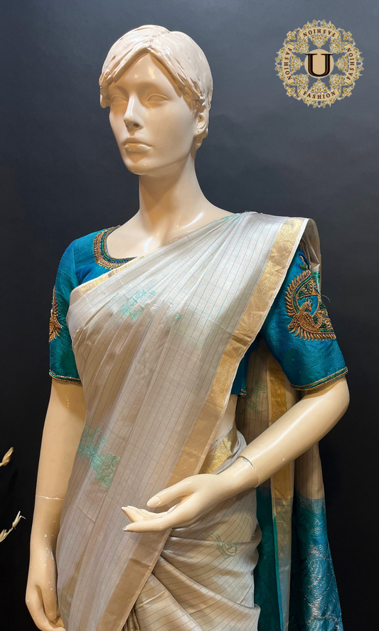 Faun with Blue Pallue Silk Saree