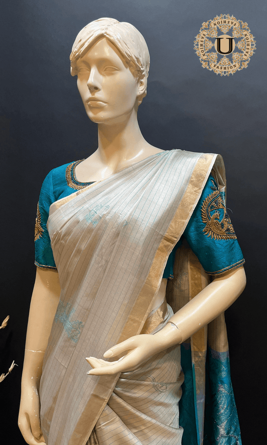 Faun with Blue Pallu Silk Saree Beige U fashion