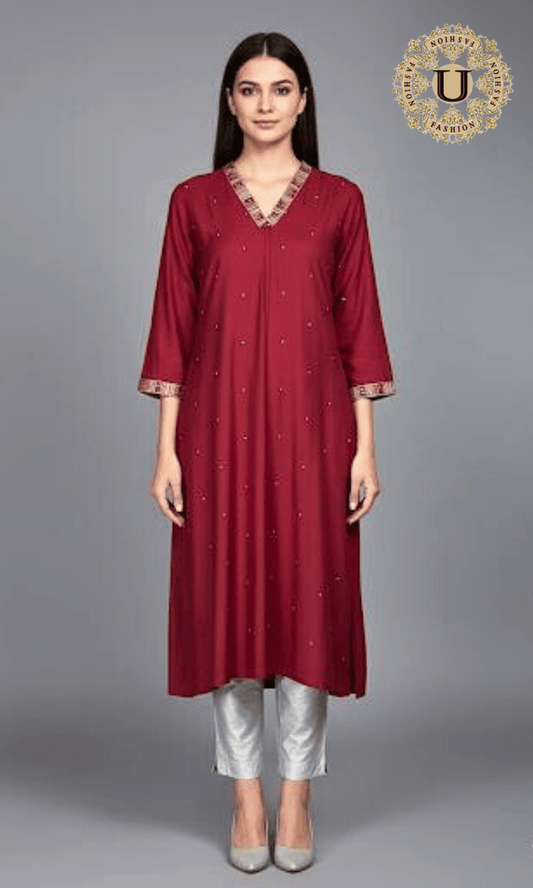 Maroon Blended crape V Neck Long Kurti U fashion