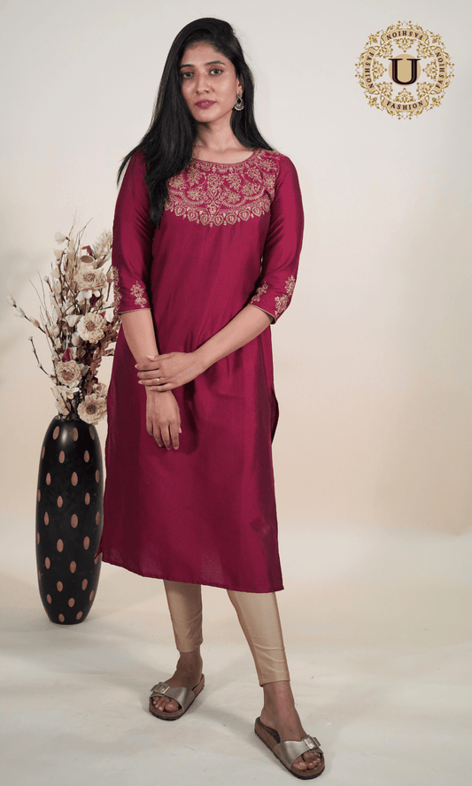 Burgandy Spun Zari yoke Long Kurti U fashion