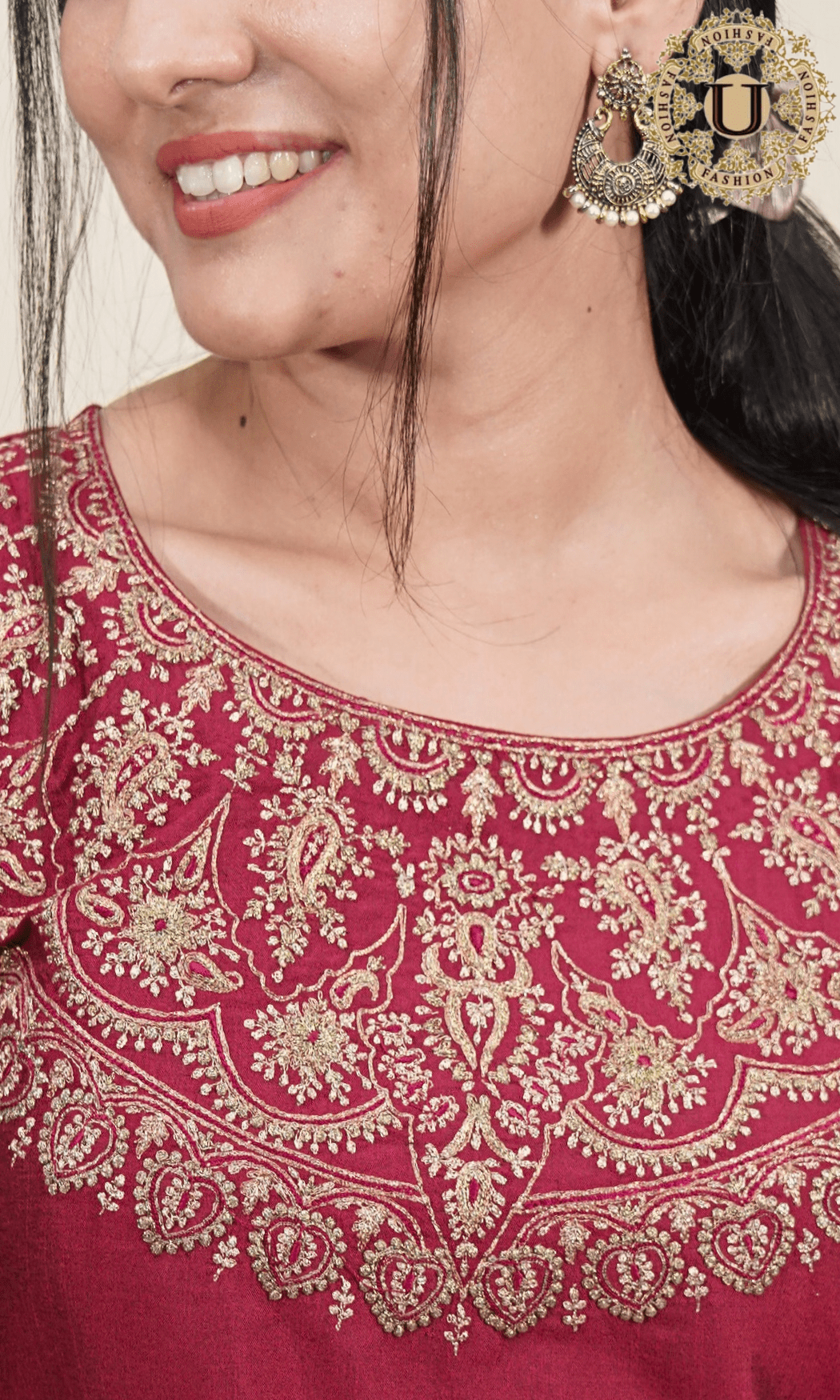 Burgandy Spun Zari yoke Long Kurti U fashion