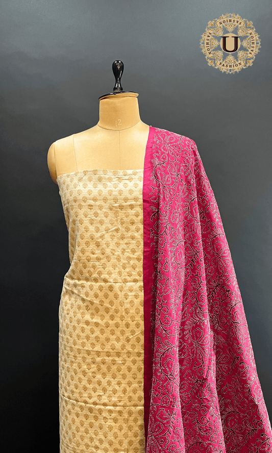 Cream Geecha Silk Block printed Kanta Work Dupatta Un-stitched Suit U fashion