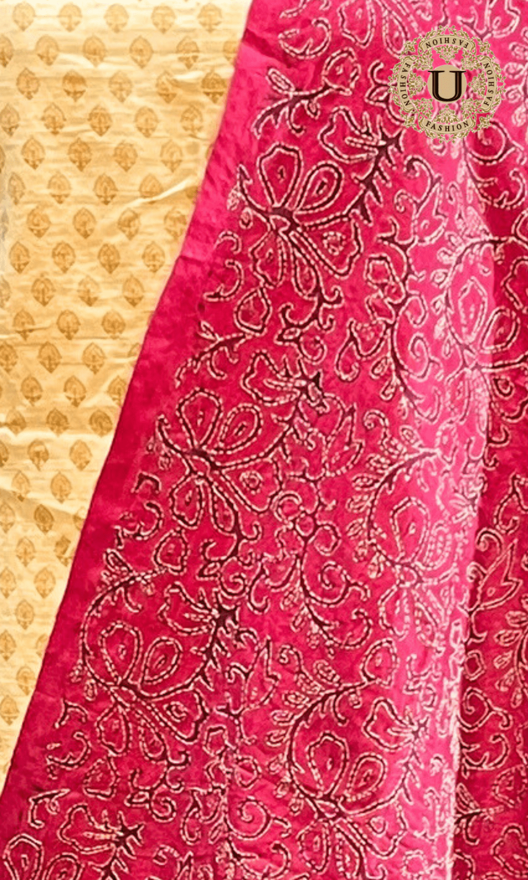 Cream Geecha Silk Block printed Kanta Work Dupatta Un-stitched Suit U fashion