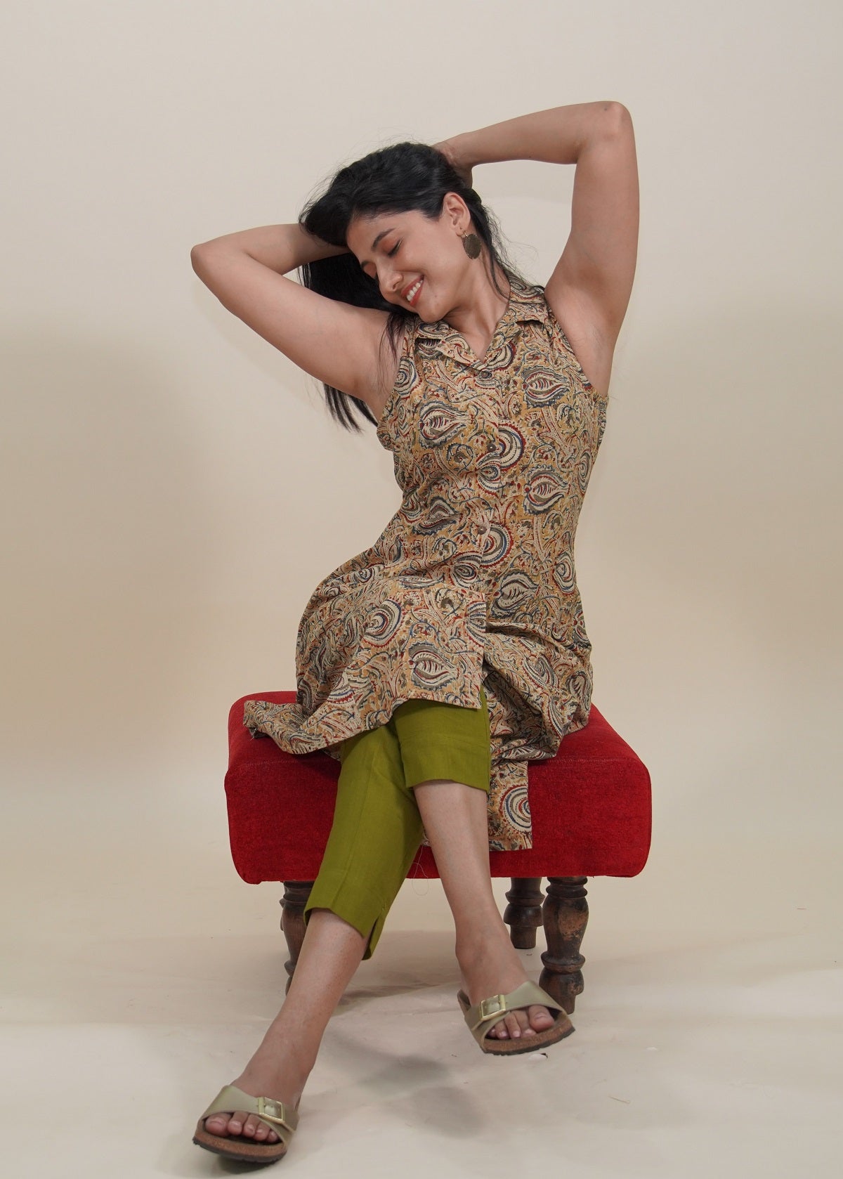 Green Kalamkari Shirt Collar Kurti