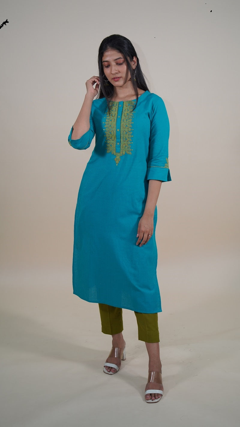 Peacock Blue Applique Work Cotton Kurti