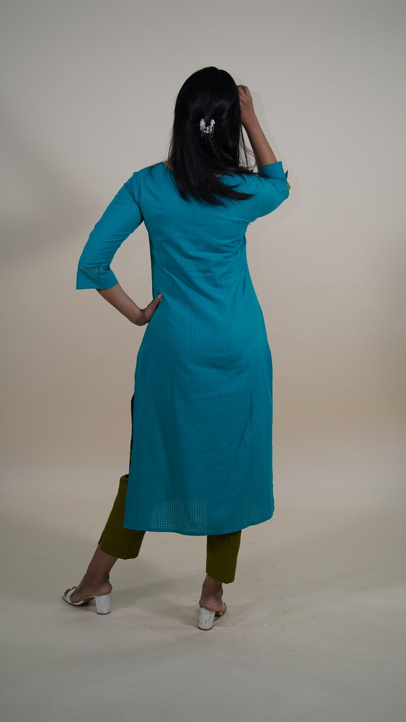 Peacock Blue Applique Work Cotton Kurti