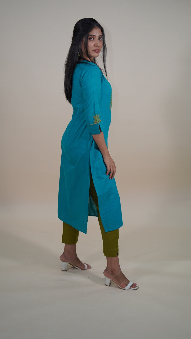 Peacock Blue Applique Work Cotton Kurti