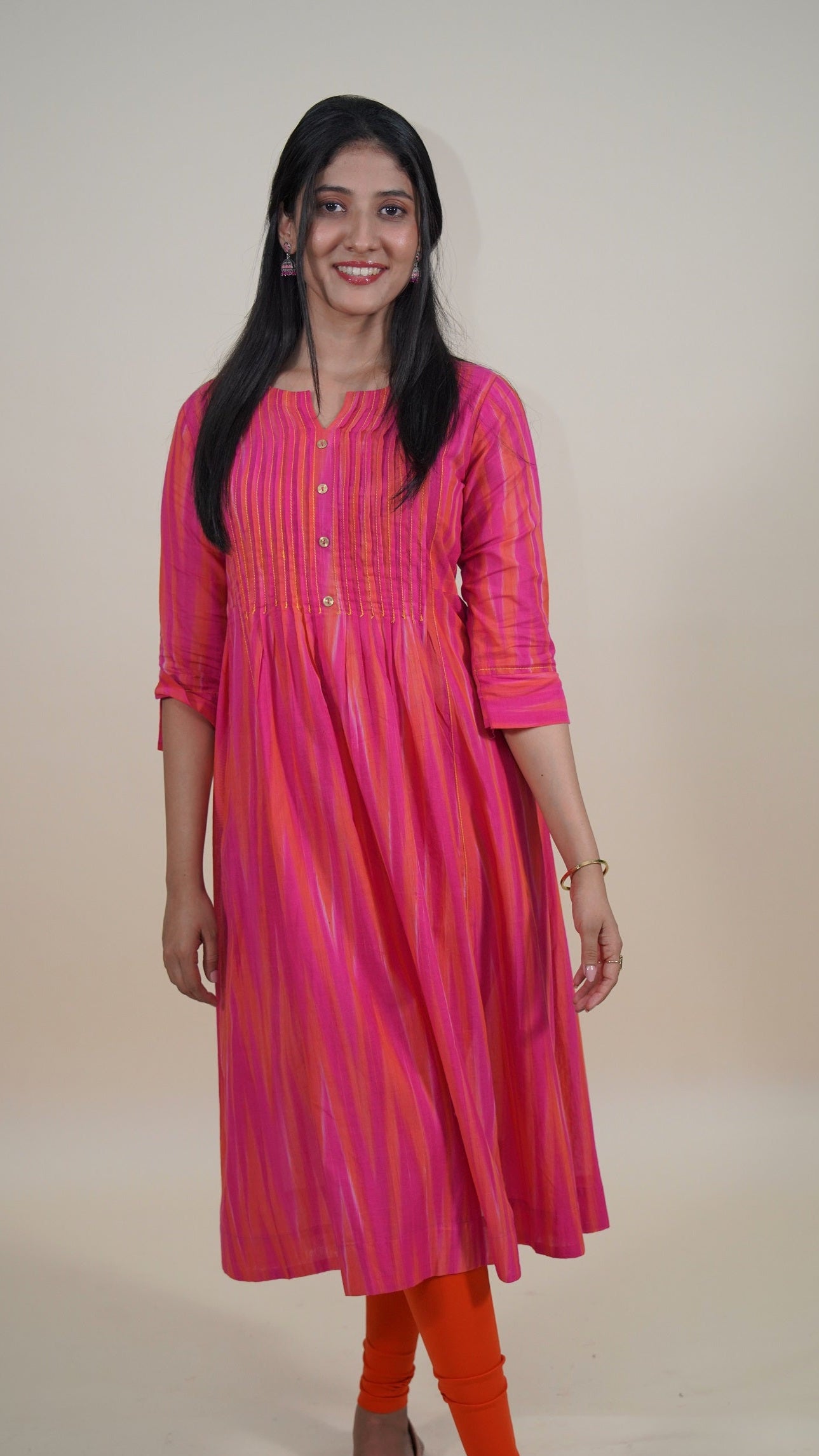 Fuschia pink woven cotton pleated long kurti