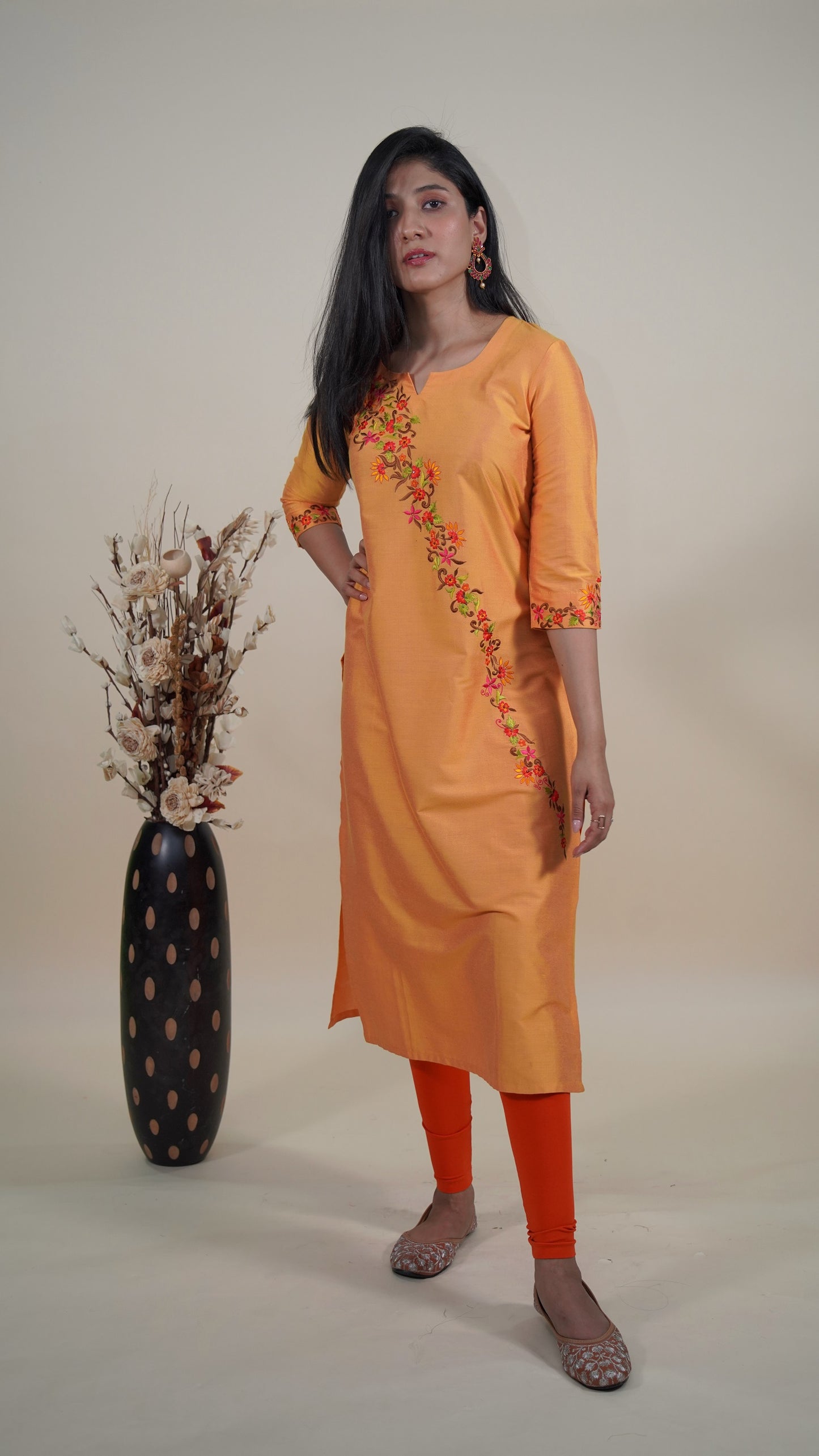 Orange spun floral embroidered long kurti