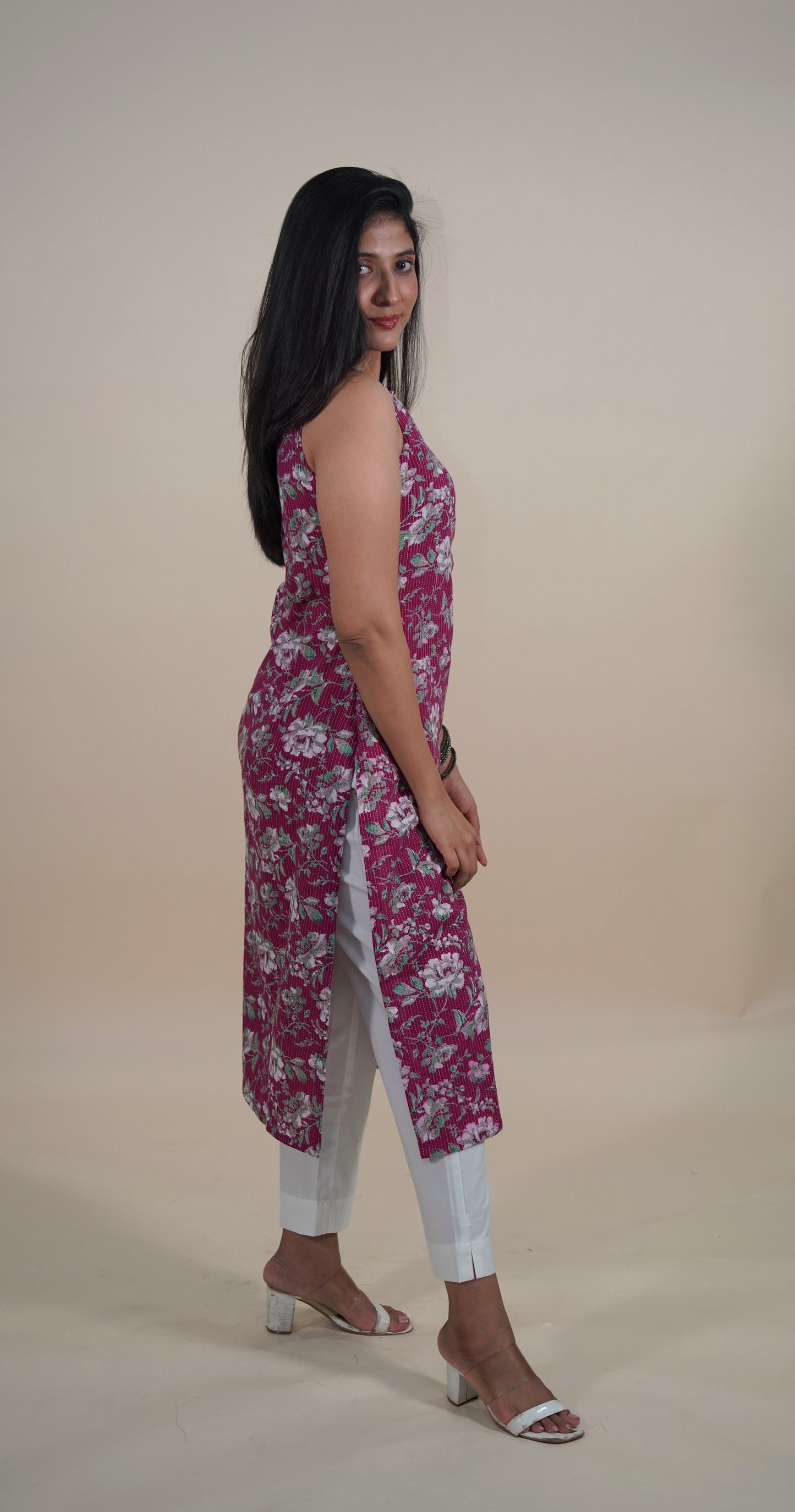 Dark pink floral cotton long sleeveless kurti