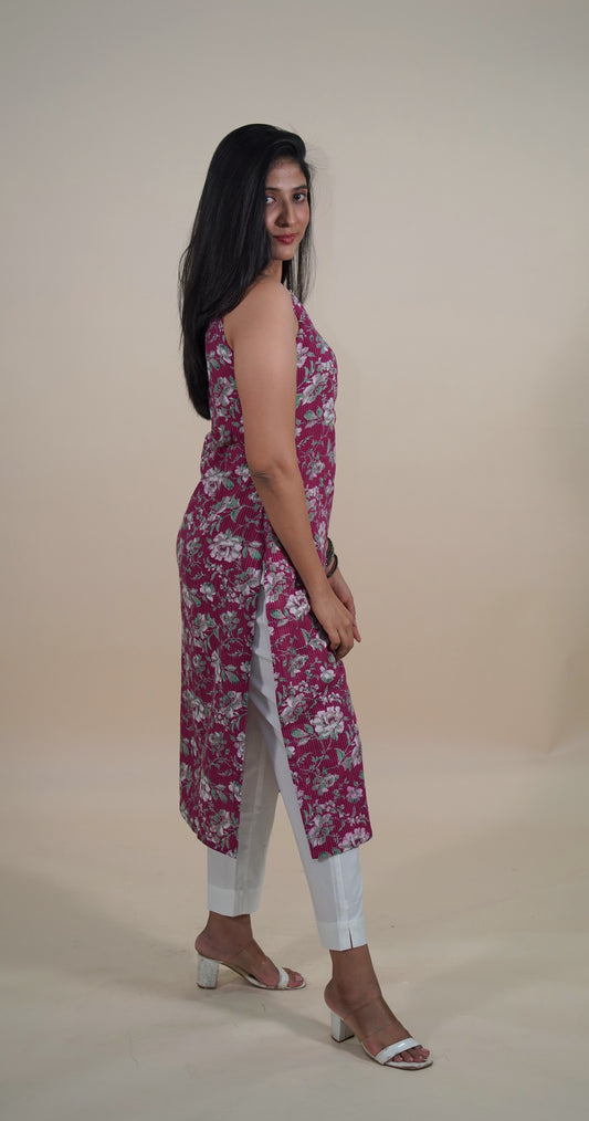 Dark pink floral cotton long sleeveless kurti