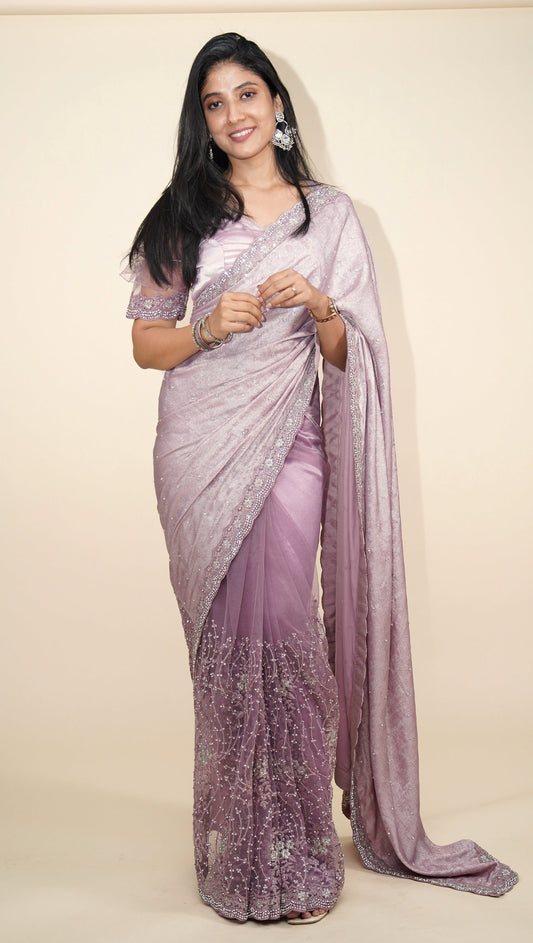 Purple and Mauve net and velvet embroidered saree