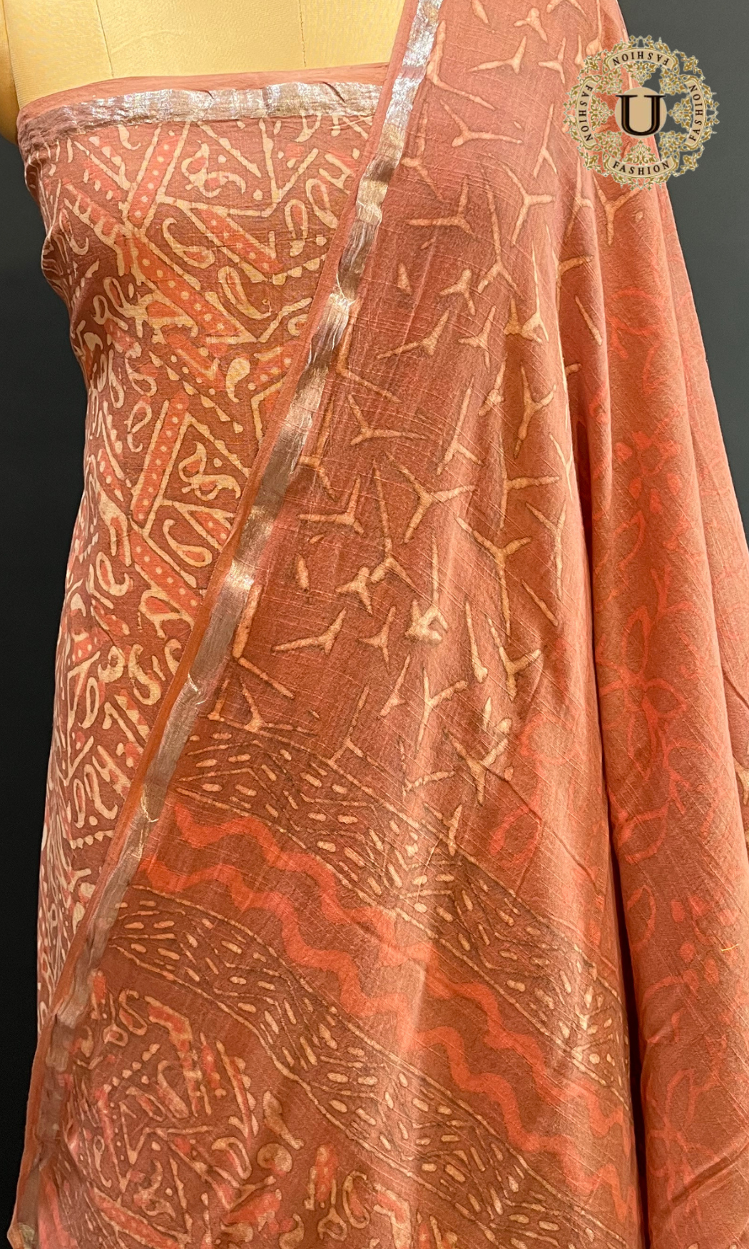DUSTY PEACH BLOCK PRINTED COTTON UN STICHED SUIT