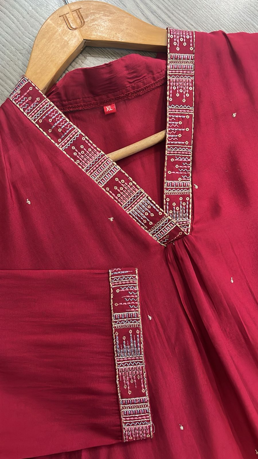 Maroon Blended crape V Neck Long Kurti U fashion