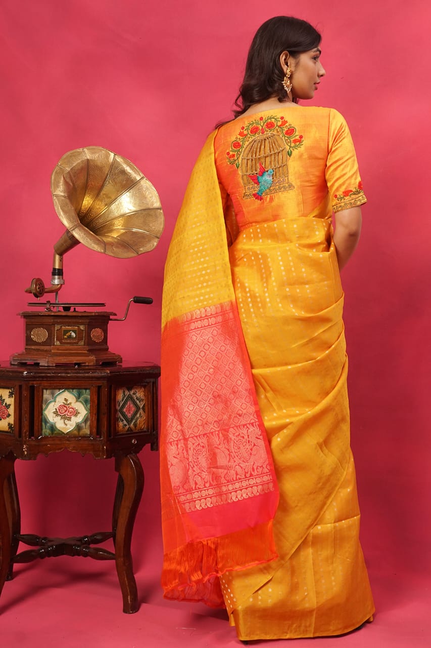 Orange raw silk embroidered blouse
