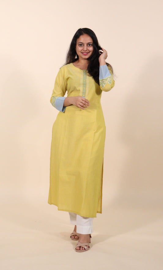 Lemon yellow cotton long kurti