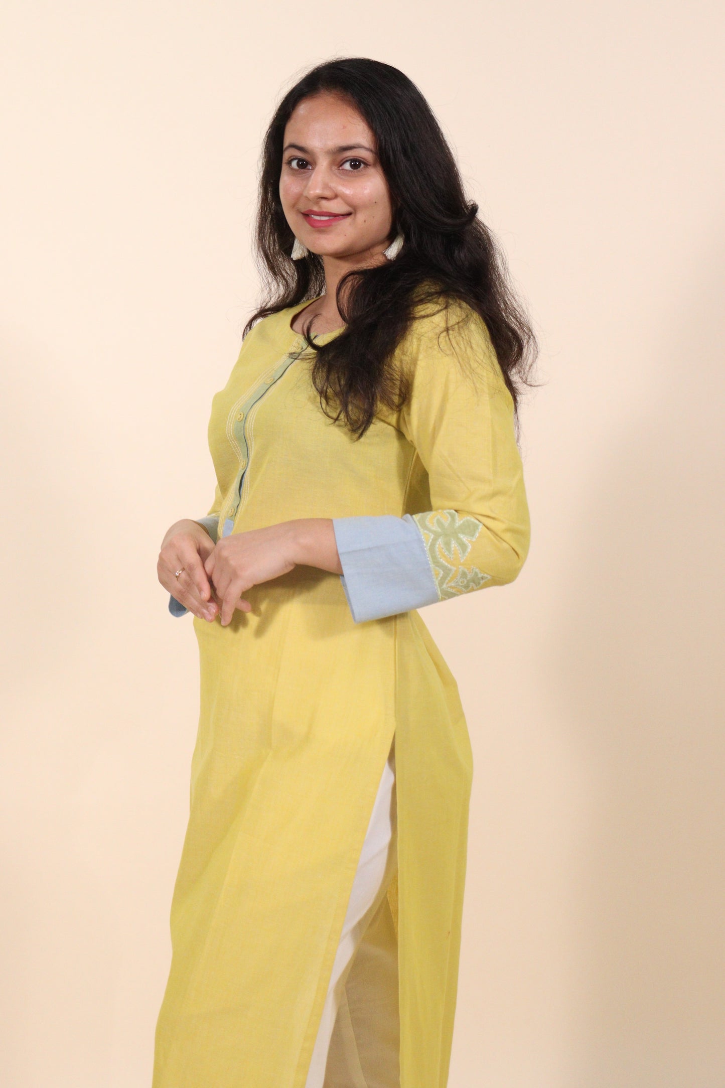 Lemon yellow cotton long kurti
