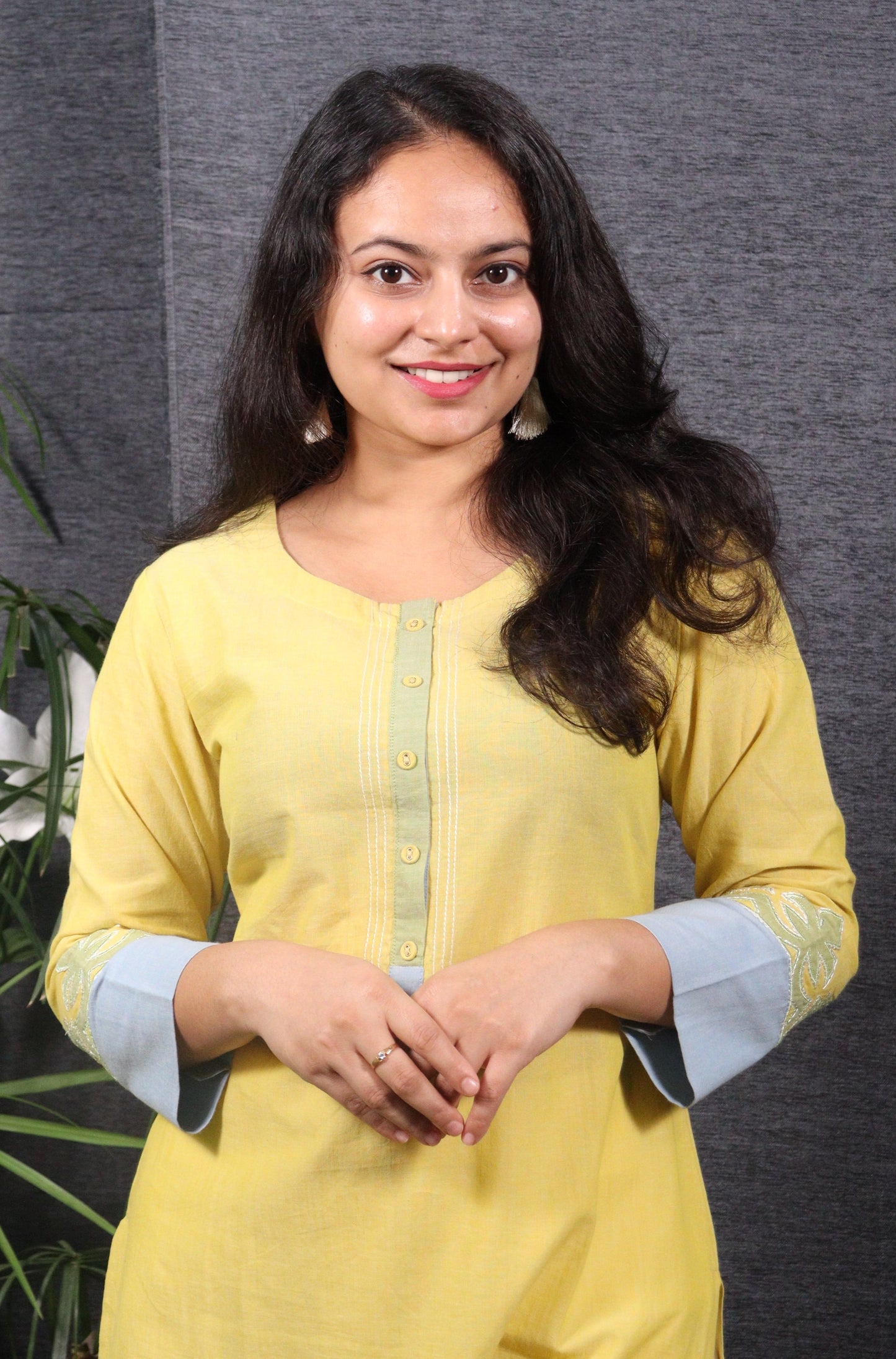 Lemon yellow cotton long kurti