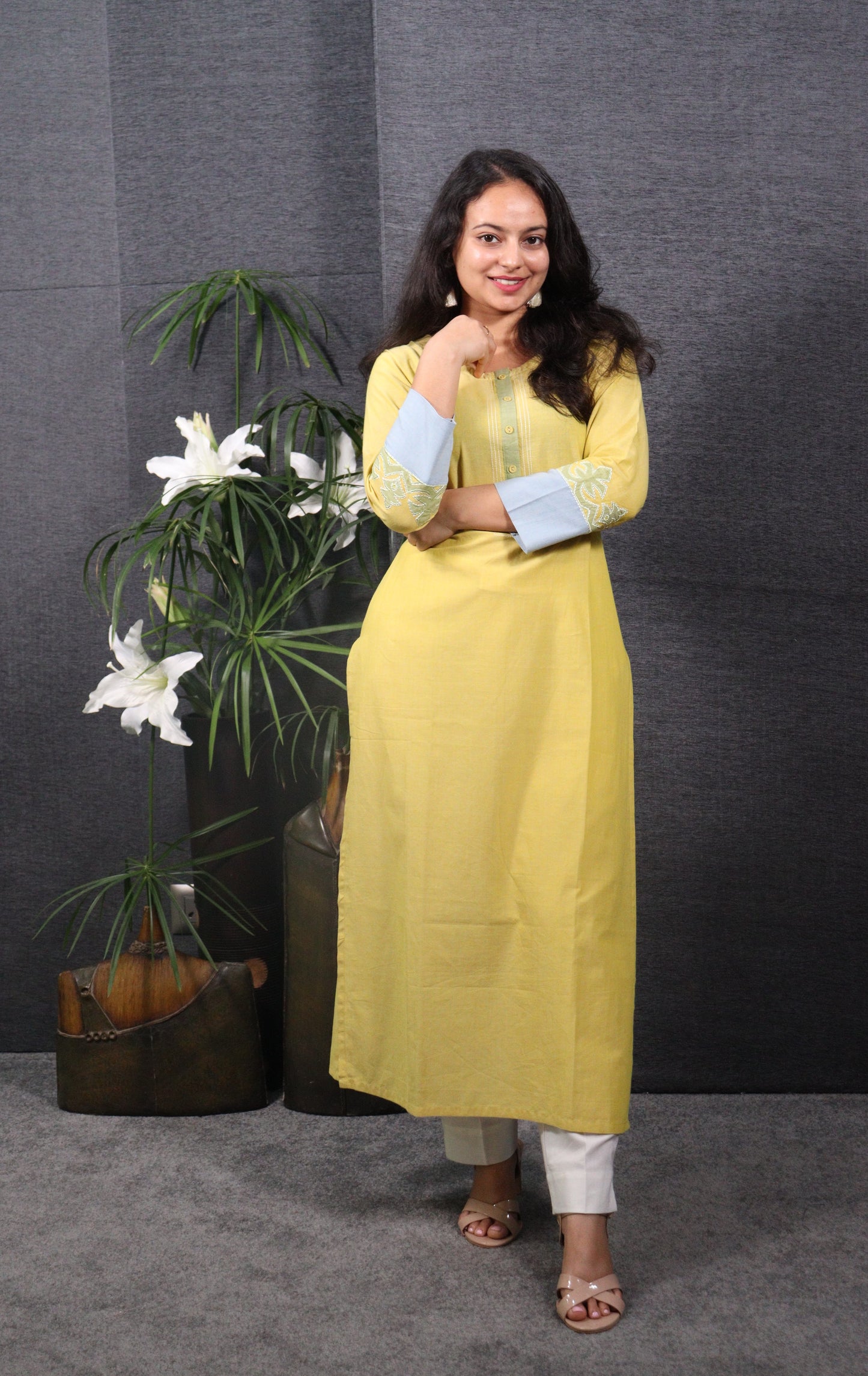Lemon yellow cotton long kurti