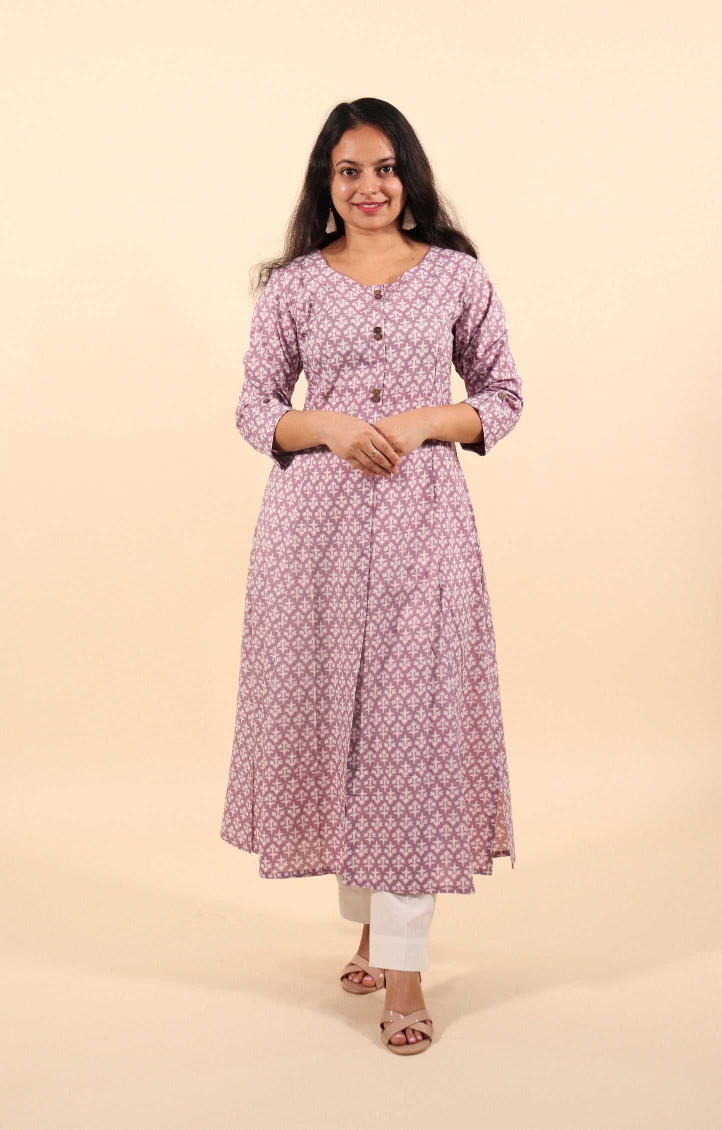 Lavender printed cotton panel-cut long kurti