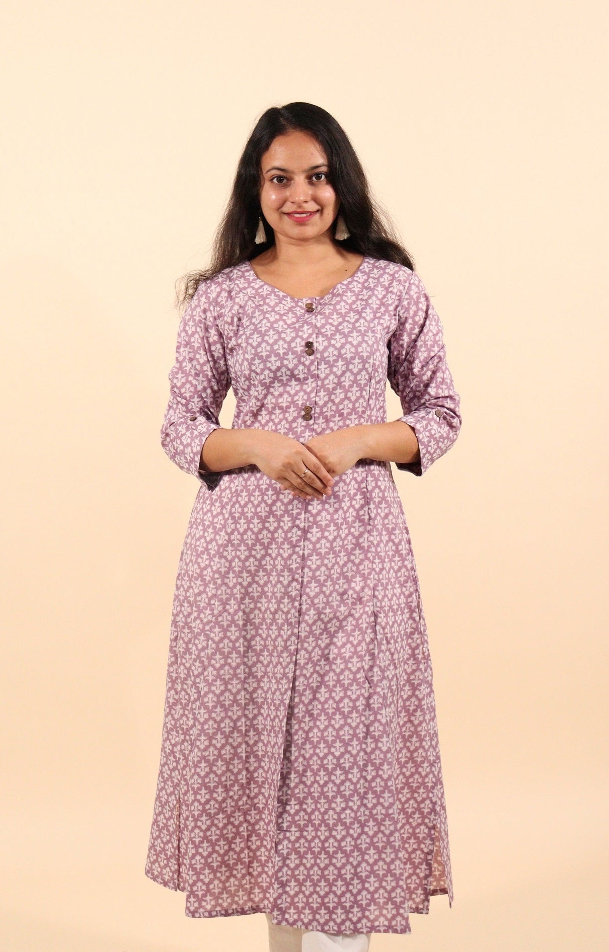 Lavender printed cotton panel-cut long kurti