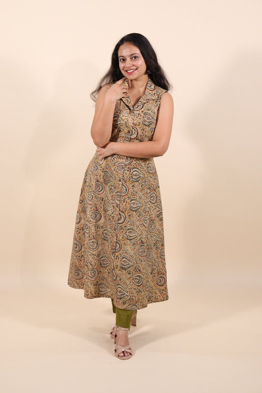 Green Kalamkari Shirt Collar Kurti