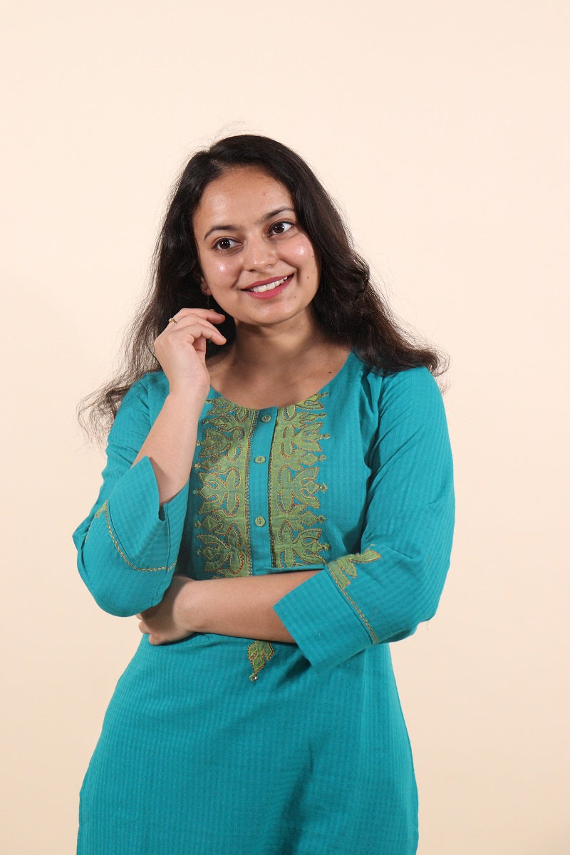Peacock Blue Applique Work Cotton Kurti
