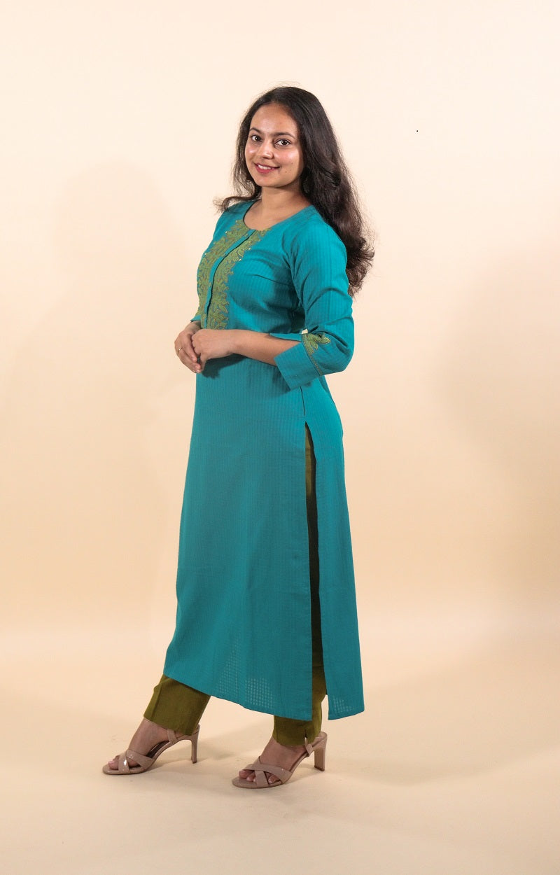 Peacock Blue Applique Work Cotton Kurti