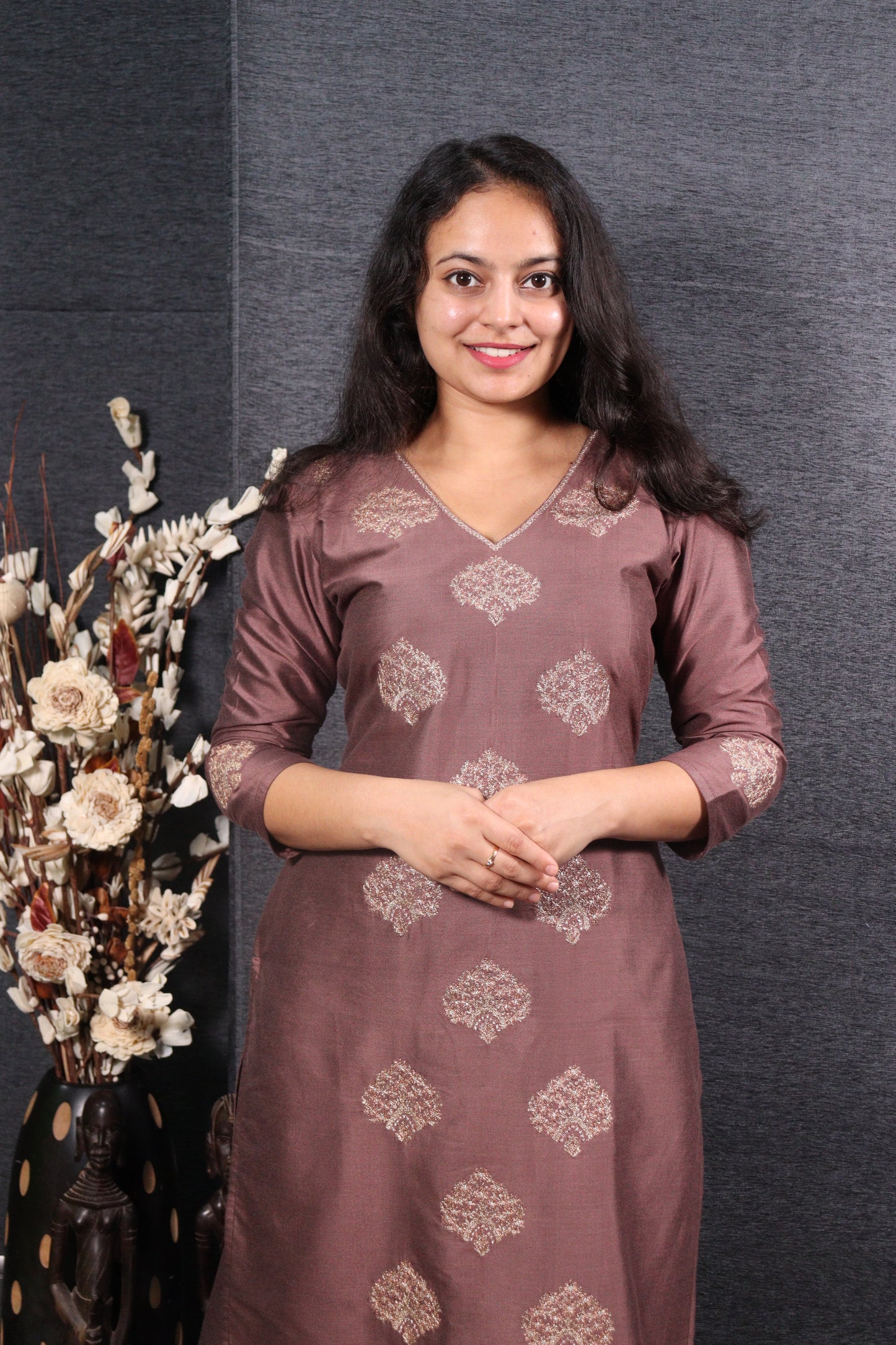 Chocolate Brown Embroidered Spun Kurti