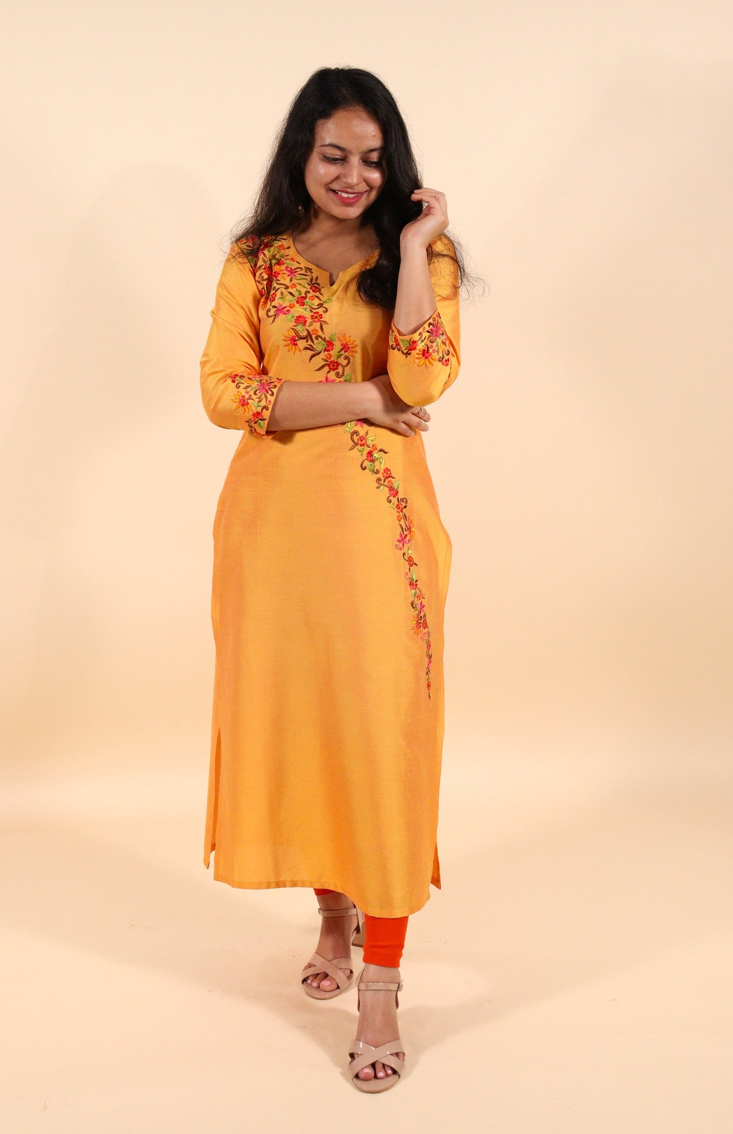 Orange spun floral embroidered long kurti