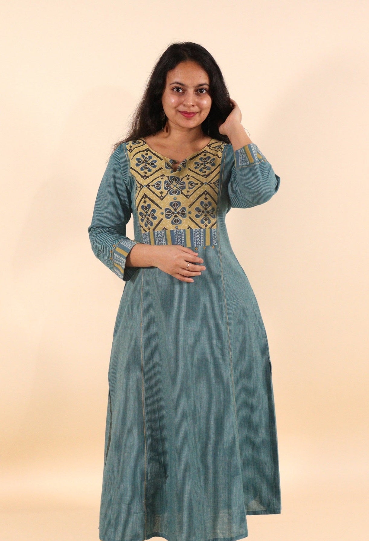 Blue cotton with yellow embellished yokelong kurti