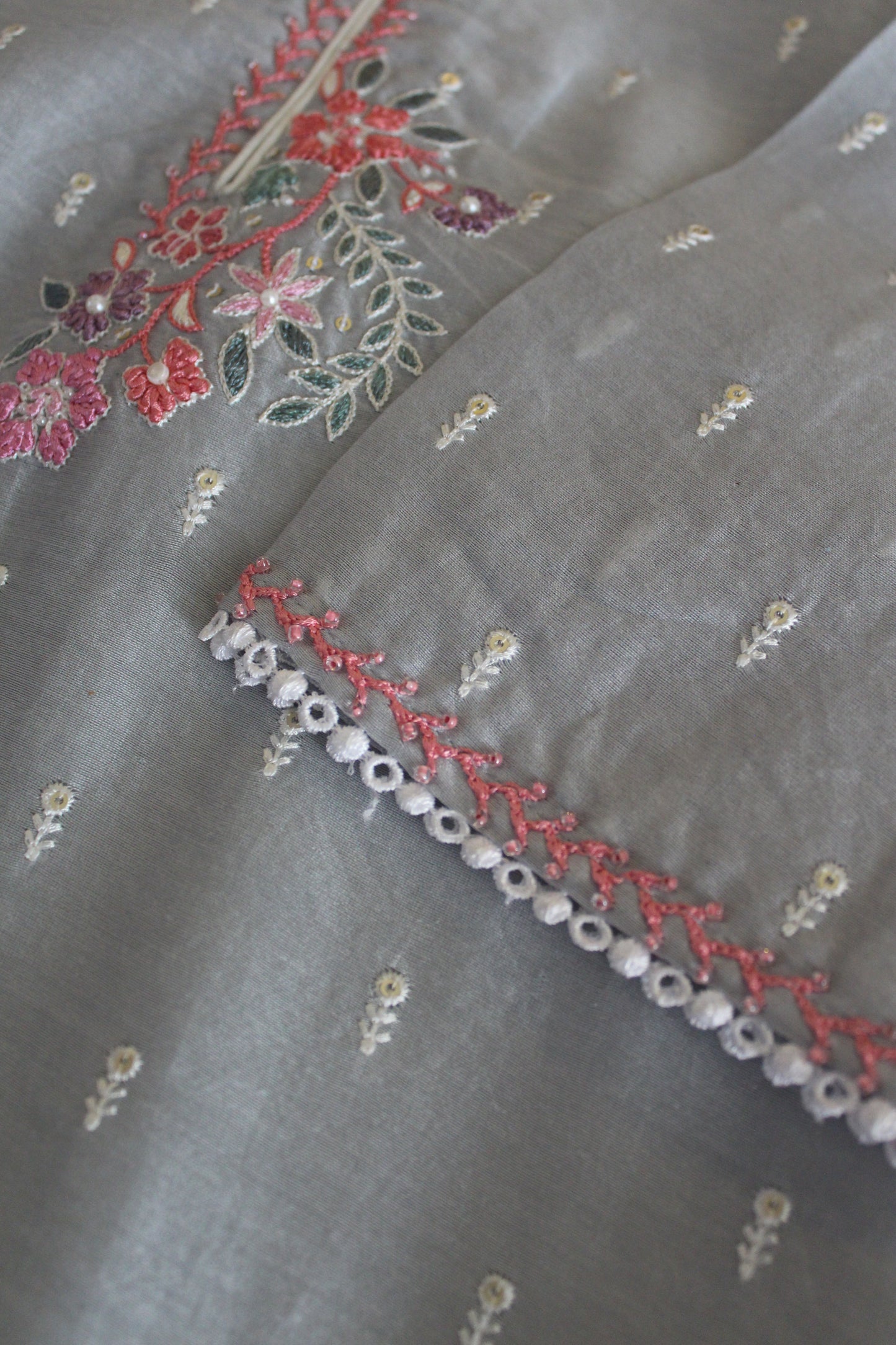 Grey Emroidered Cotton Silk Kurti with Trouser