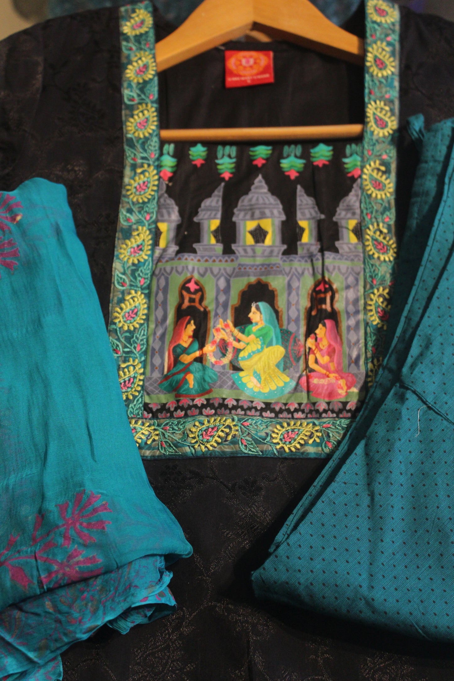 Black Cotton Jaquard Hand Painted Churidar set