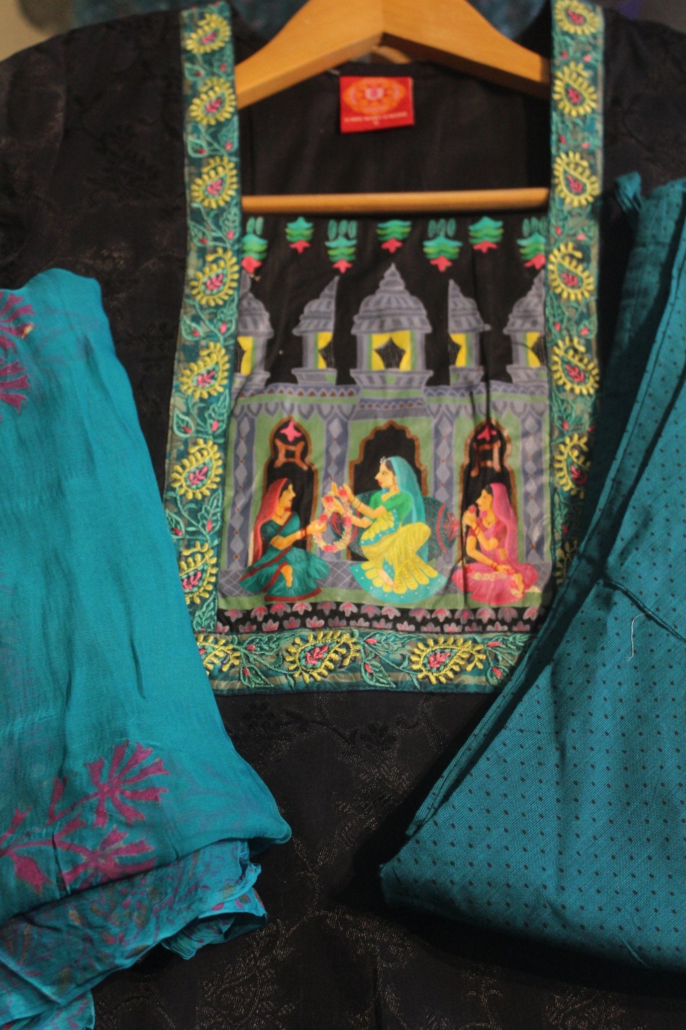 Black Cotton Jaquard Hand Painted Churidar set S U fashion