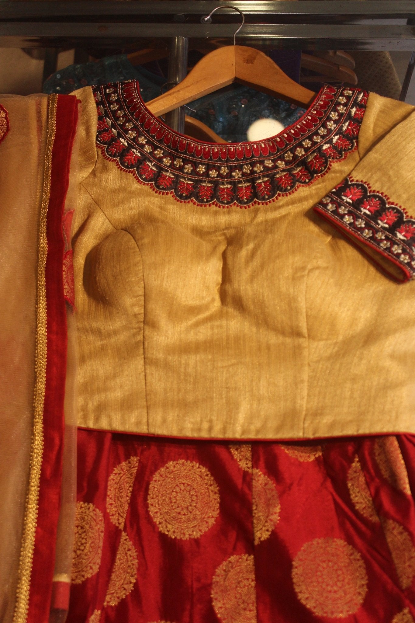 Beige Gold & Red Banarasi Lehenga Set with Embroidered Blouse & Net Dupatta U fashion