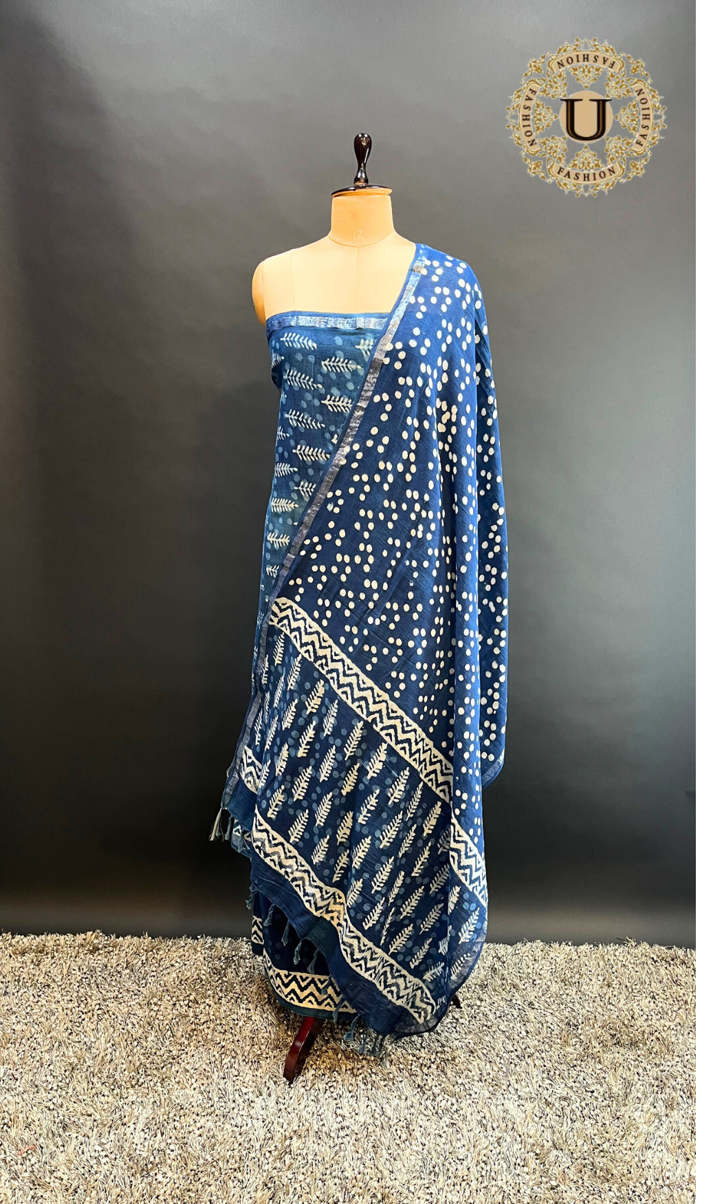 Indigo block printed cotton long kurti U fashion