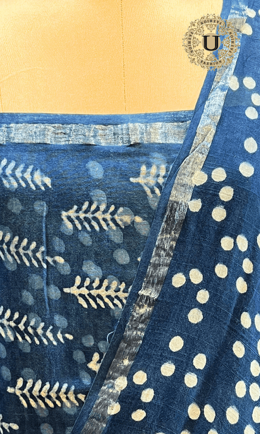 Indigo block printed cotton long kurti U fashion