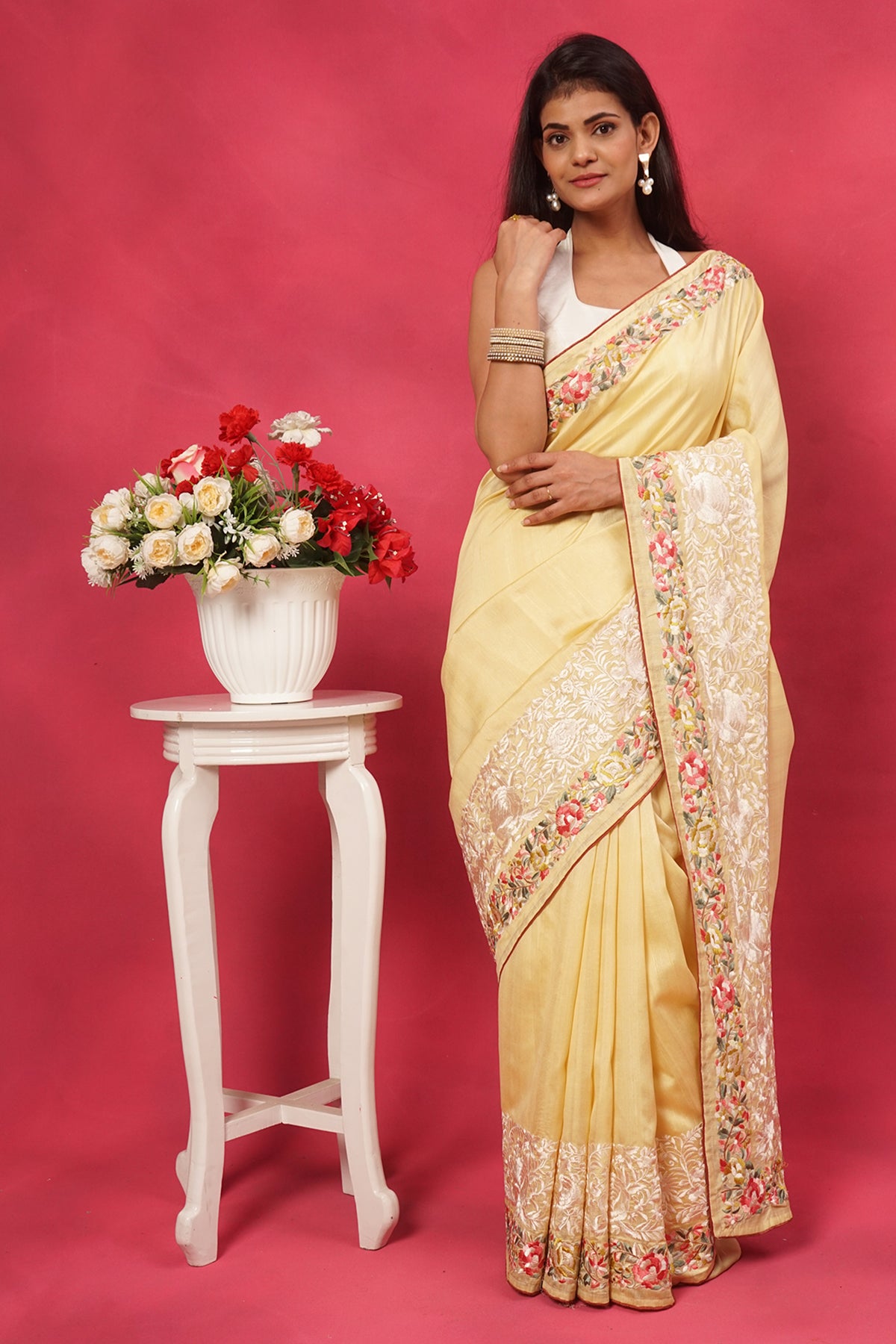 Silk cotton saree in Parsi floral border