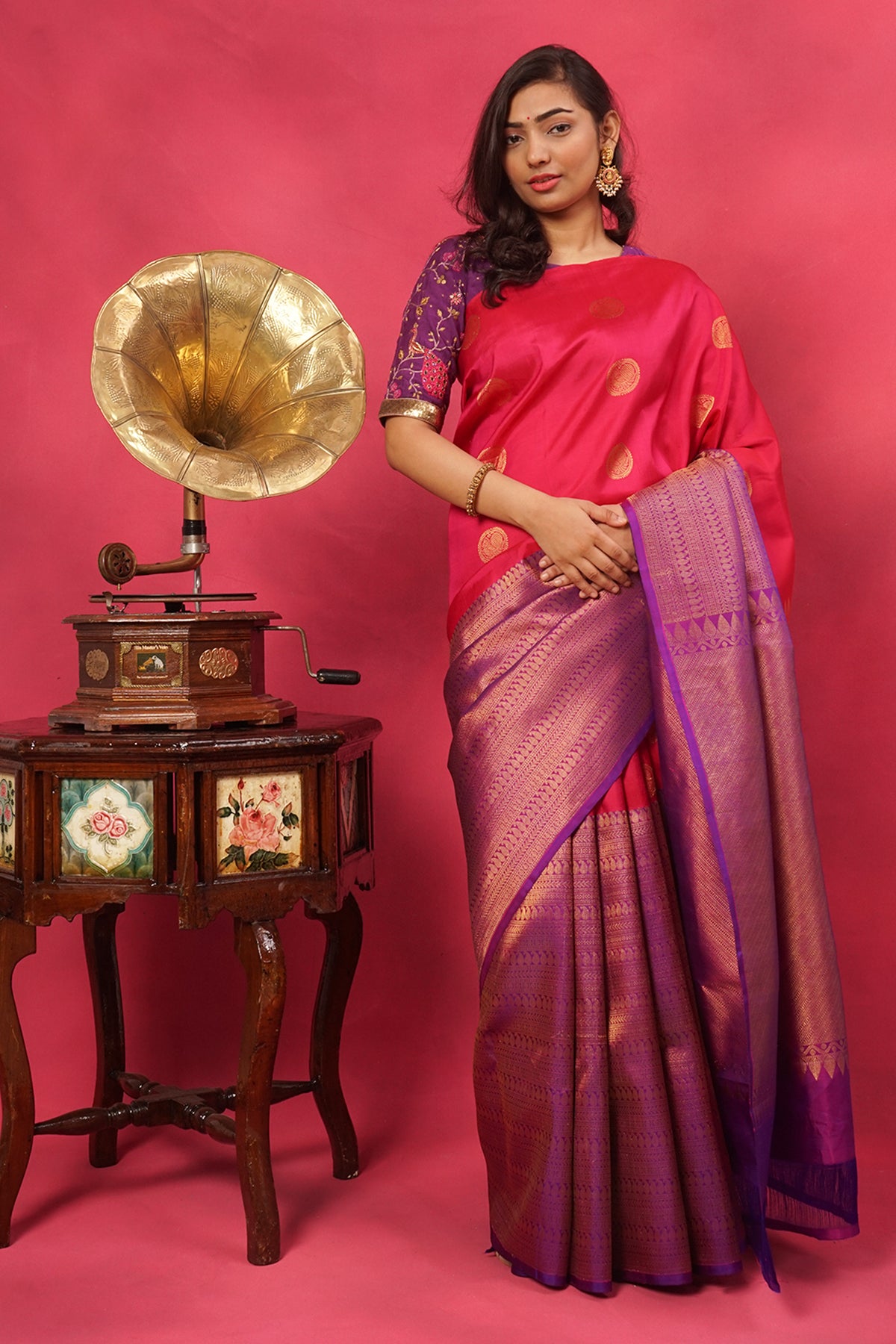 Majenta and purple with zari skirt border silk saree