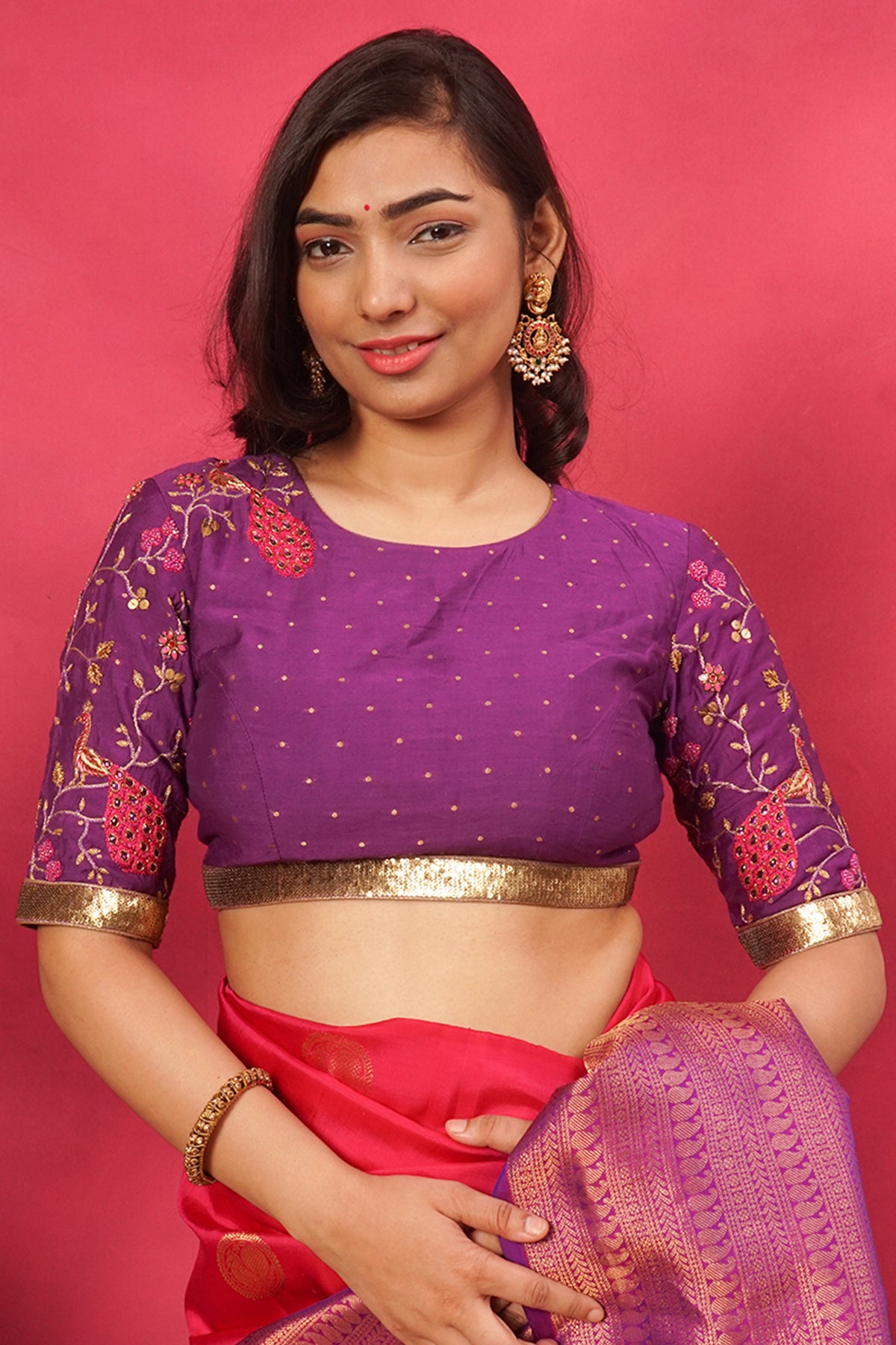Rani pink hand embroidered pure silk blouse