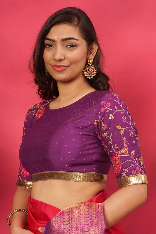 Rani pink hand embroidered pure silk blouse